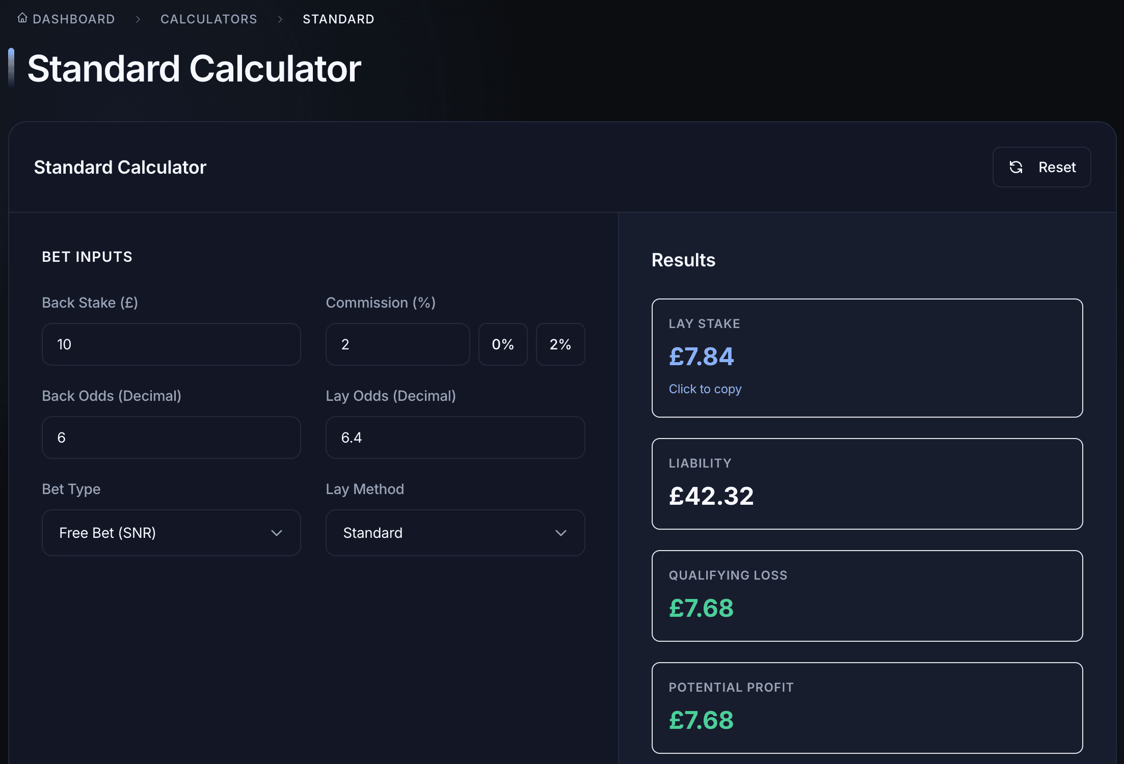 Better Bet standard calculator in Free Bet (SNR) mode showing a £10 free bet at 6.0/6.4 returning £7.67 of locked-in profit