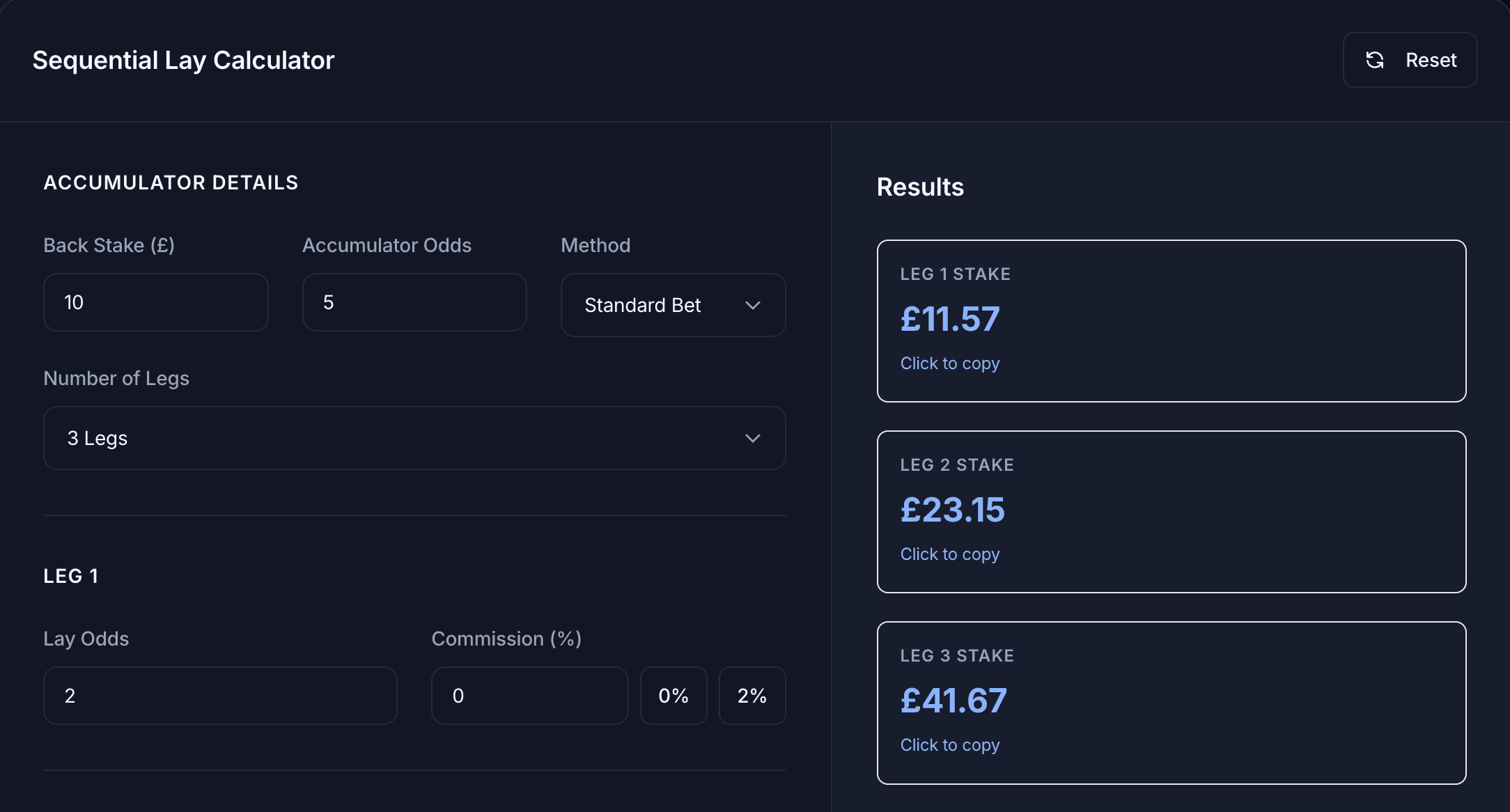 Better Bet sequential lay calculator showing a 3-leg 4/1 acca with £10 stake at the leg-1 stage — per-leg lay stake and liability visible