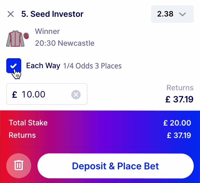 Bet slip mock showing the each way checkbox and doubled stake