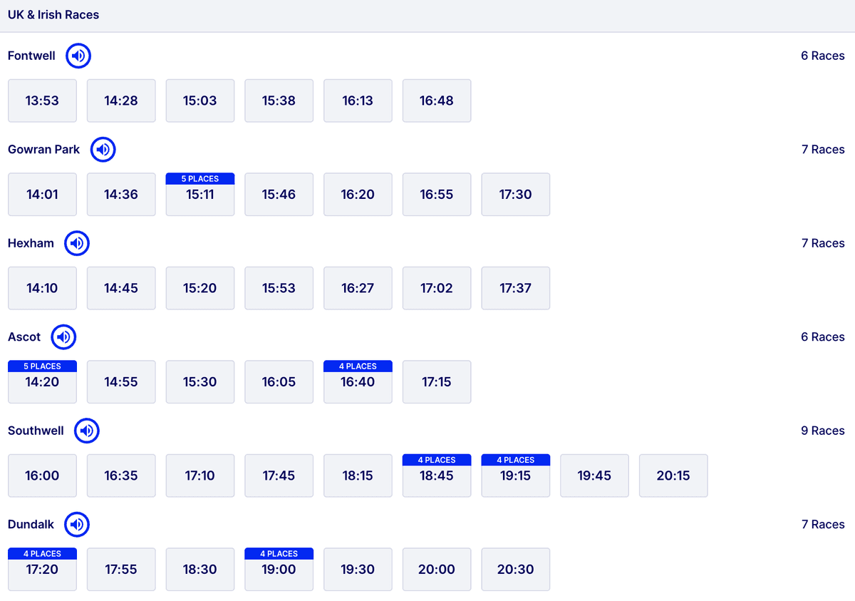 Racing fixtures list with multiple meetings across the day