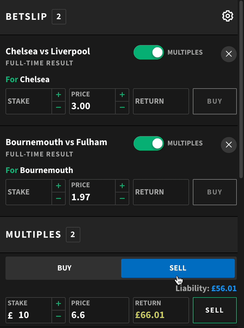 Smarkets betslip showing a custom acca with the Sell toggle