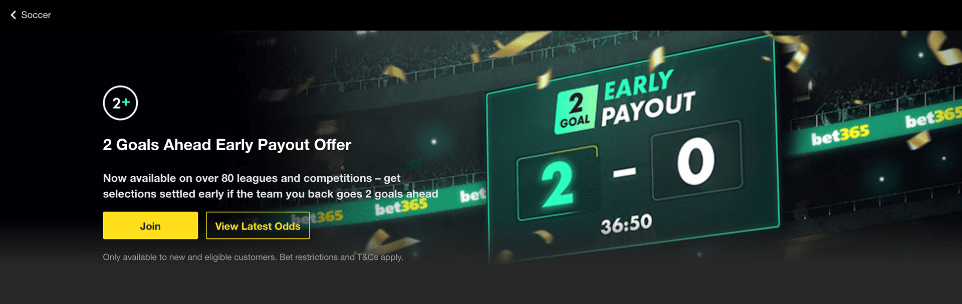 Early payout banner showing a team paid out at 2 goals up