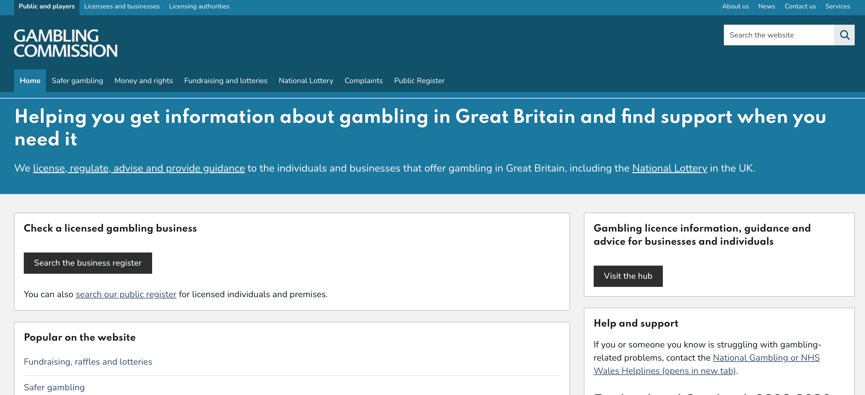 UK Gambling Commission website showing the licensed-operators register confirming bookmakers, not customers, are regulated
