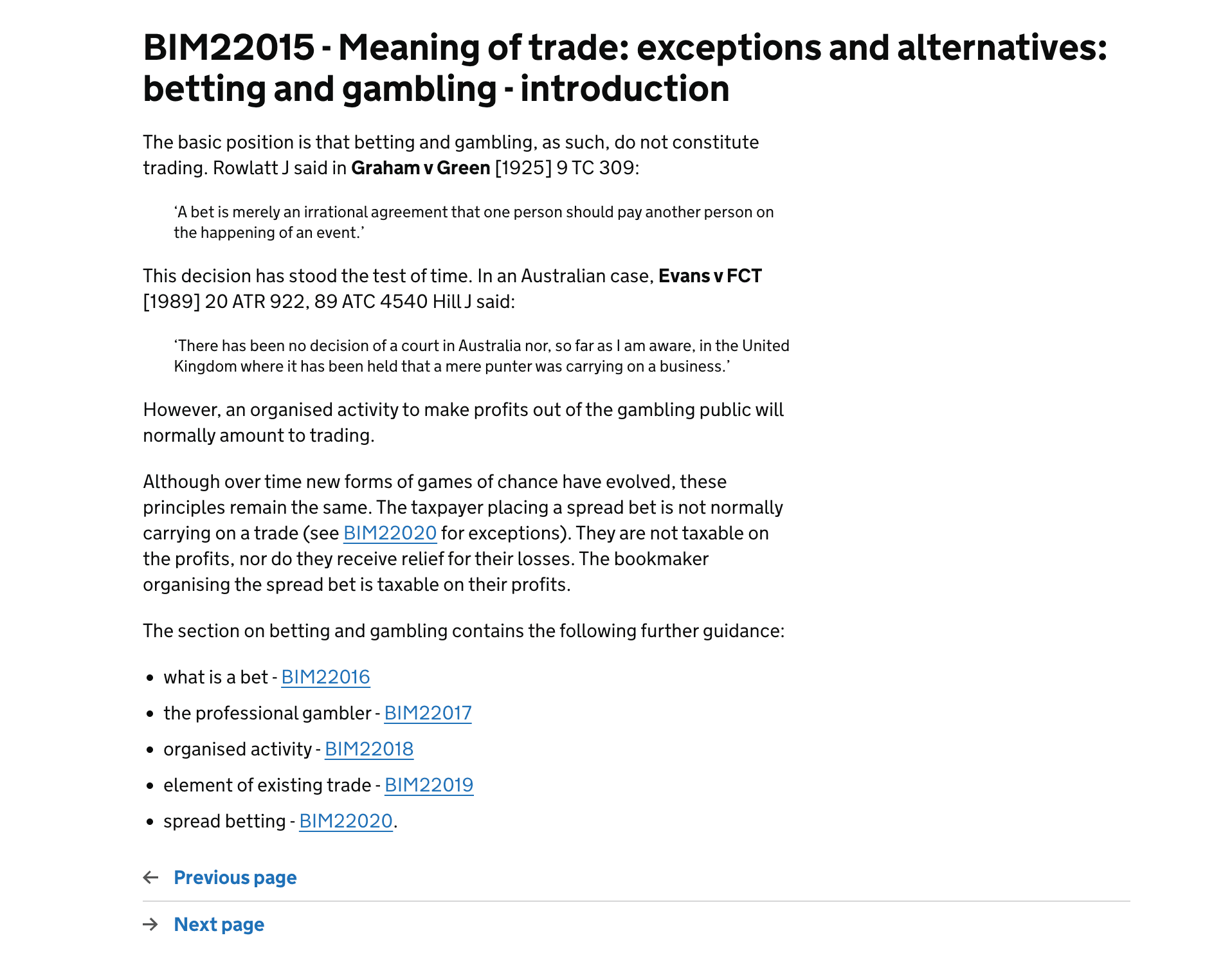 HMRC Business Income Manual BIM22015 page on gov.uk confirming gambling profits are not taxable for the punter