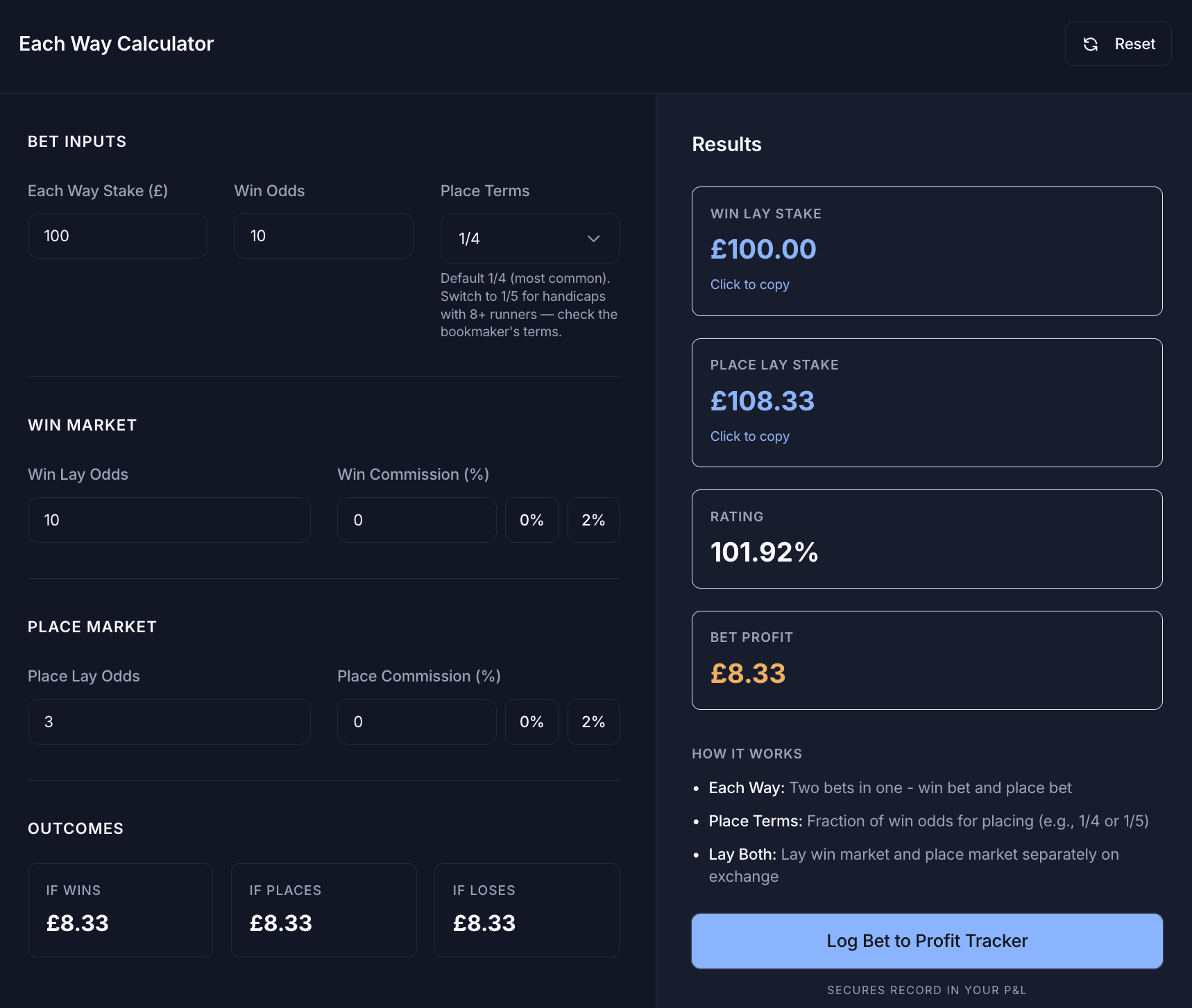 Better Bet extra-place calculator working out the win and place lay stakes for a Royal Ascot each-way bet