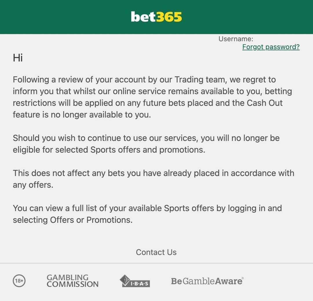 Mock-up of a bookmaker restriction email