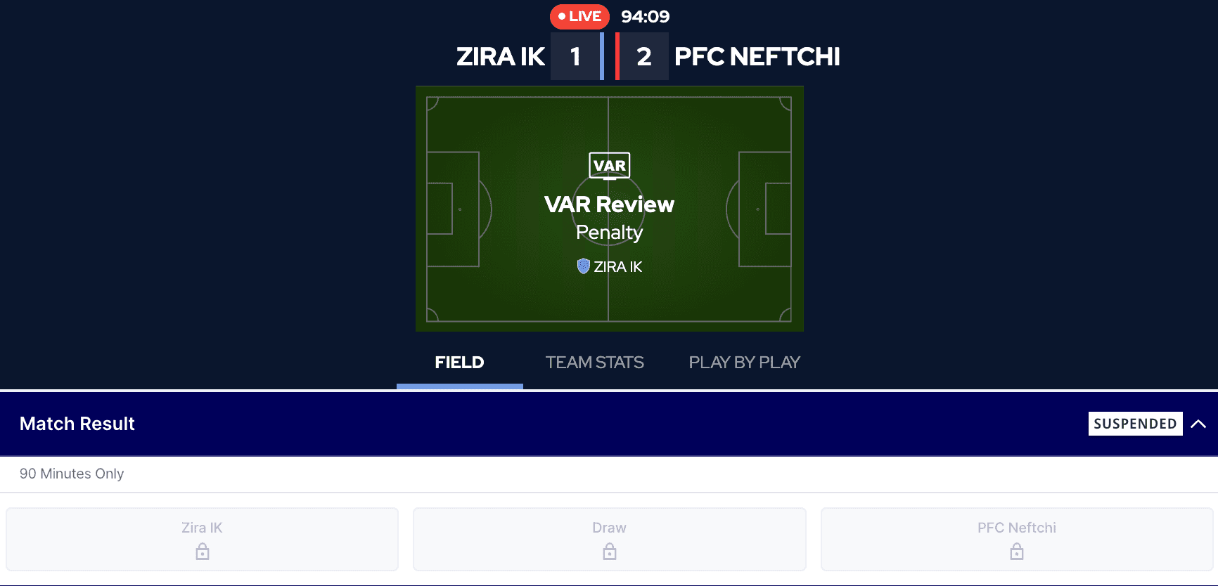 Live scoreboard with market suspension indicator
