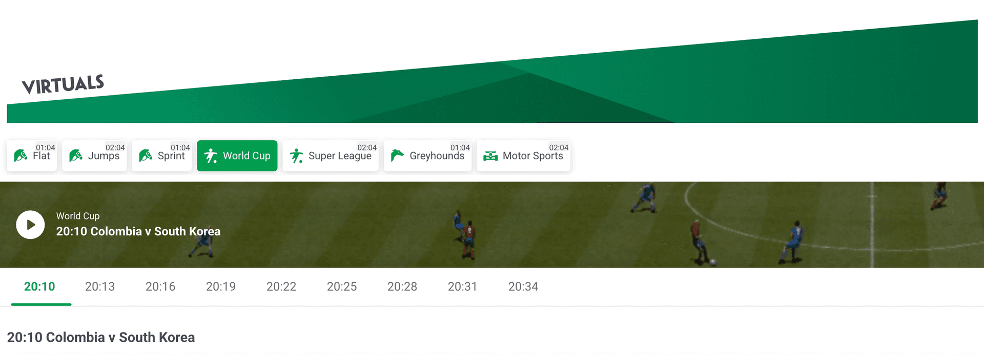 Lobby view of different virtual sports with upcoming events